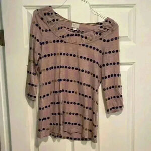 Anthropologie Womens Tee Brown w/Blue Green Black M Polka Dots 3/4 Sleeve Casual